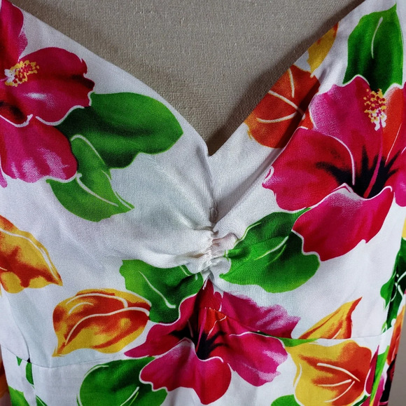 Two Palms Hawaii Rayon White W/Pink Hibiscus Watercolor Floral Midi Dress sz XL - Picture 5 of 12
